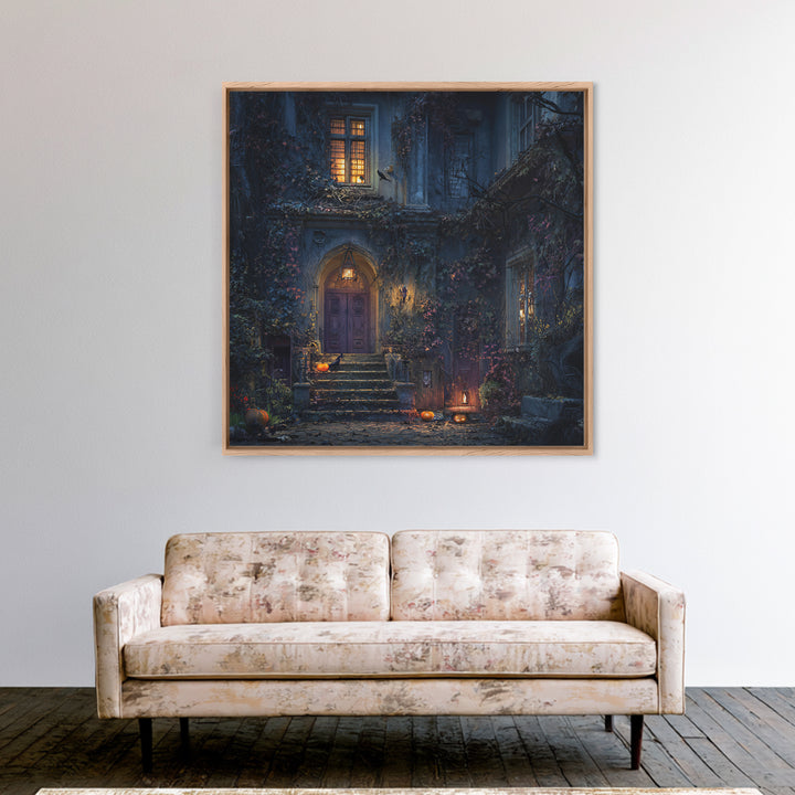 The Haunted Manor, Square Wall Art, Macabre Wall Art, Framed Canvas Print, Halloween Wall Decor, Gothic Home Decor, Collectible Wall Decor
