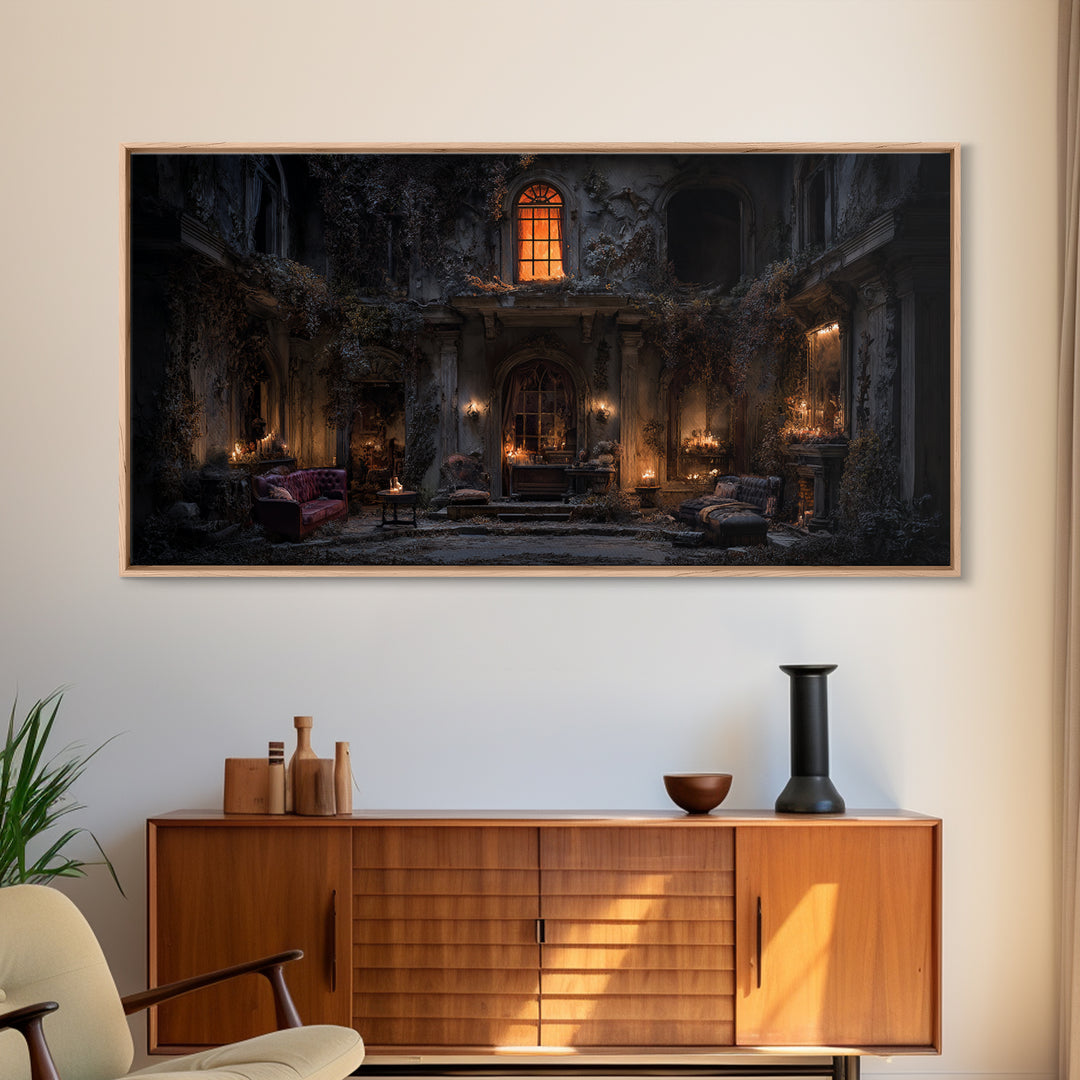 The Haunted Manor, Wide Panoramic Art, Macabre Wall Art, Framed Canvas Print, Halloween Wall Decor, Gothic Home Decor, Horror Wall Art