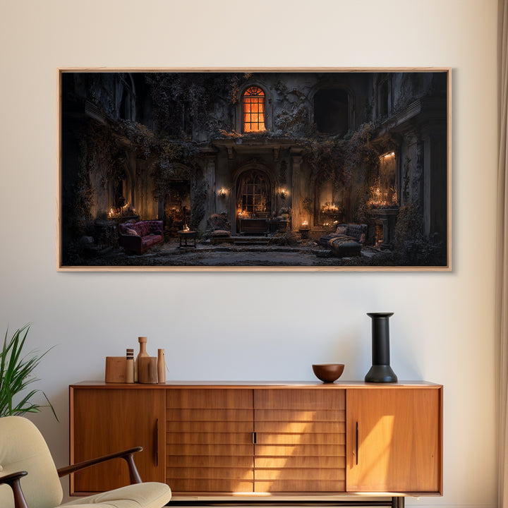 The Haunted Manor, Wide Panoramic Art, Macabre Wall Art, Framed Canvas Print, Halloween Wall Decor, Gothic Home Decor, Horror Wall Art