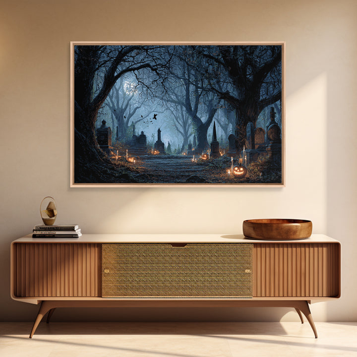 The Moonlit Cemetery, Landscape Wall Art, Gothic Horror Wall Art, Framed Canvas Print, Halloween Wall Decor, Gothic Home Decor