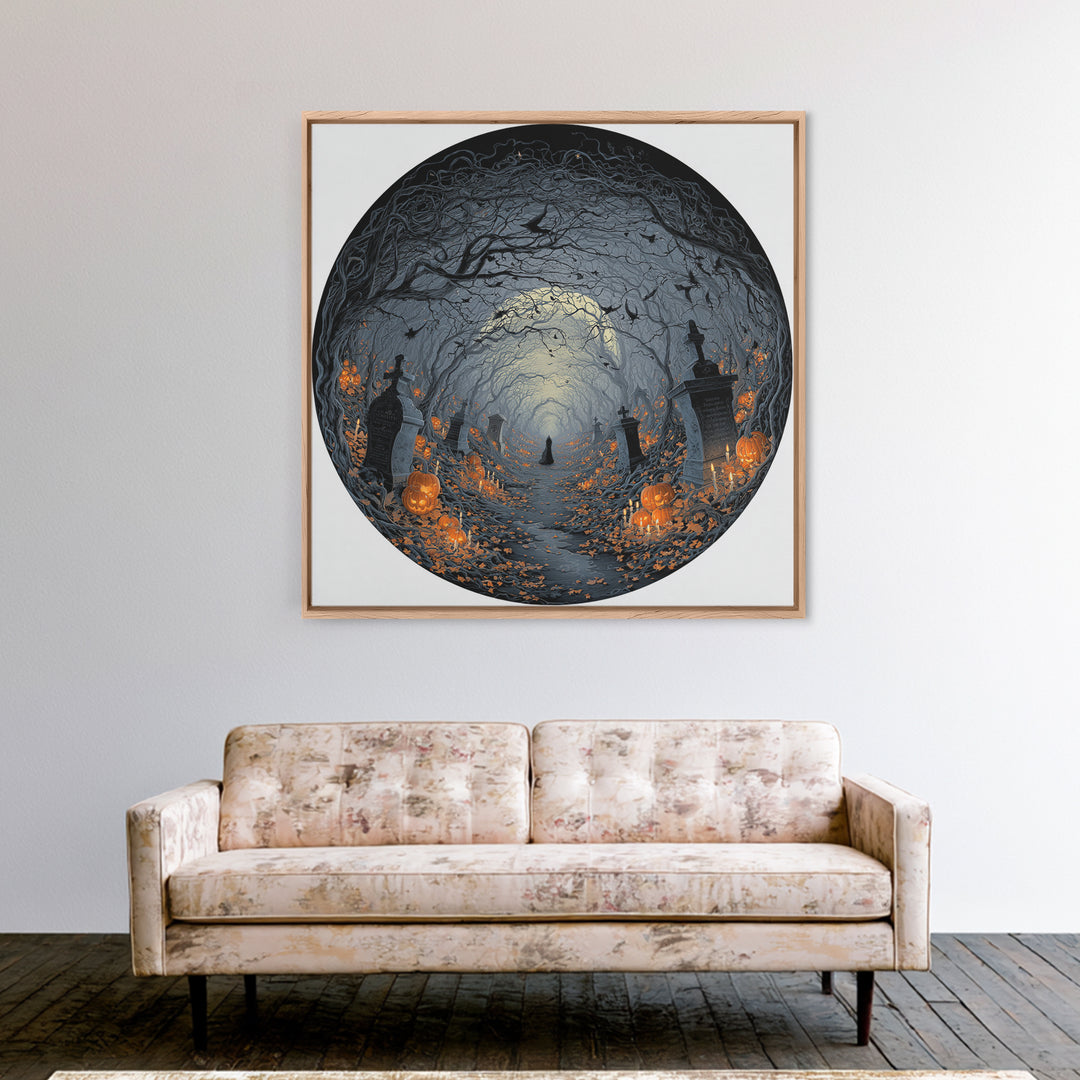The Moonlit Cemetery, Square Wall Art, Haunted Gothic Art, Framed Canvas Print, Halloween Wall Decor, Gothic Home Decor, Horror Wall Art