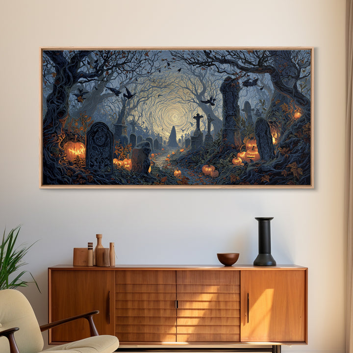 The Moonlit Cemetery, Wide Panoramic Art, Spooky Home Decor, Canvas Print, Halloween Wall Decor, Gothic Home Decor, Halloween Wall Art