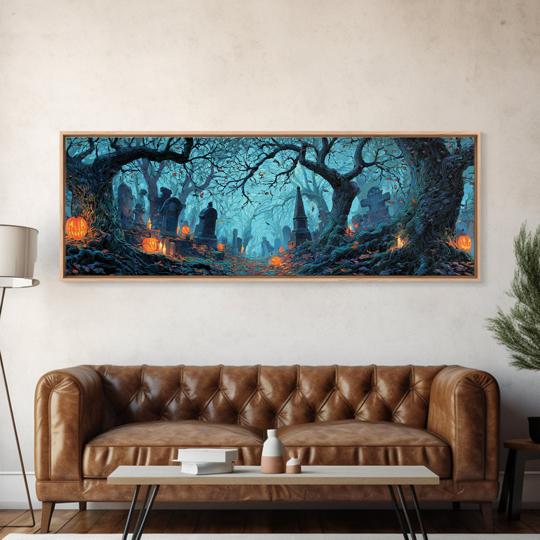 The Moonlit Cemetery, Extra Wide Wall Art, Dark Fantasy Wall Art, Canvas Print, Halloween Wall Decor, Gothic Home Decor, Spooky Wall Decor