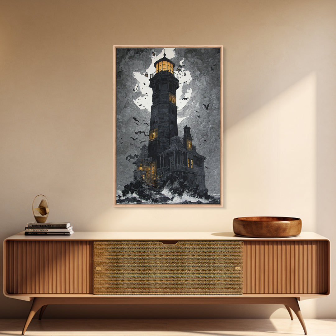 The Cursed Lighthouse, Vertical Wall Art, Macabre Wall Art, Framed Canvas Print, Halloween Wall Decor, Gothic Home Decor