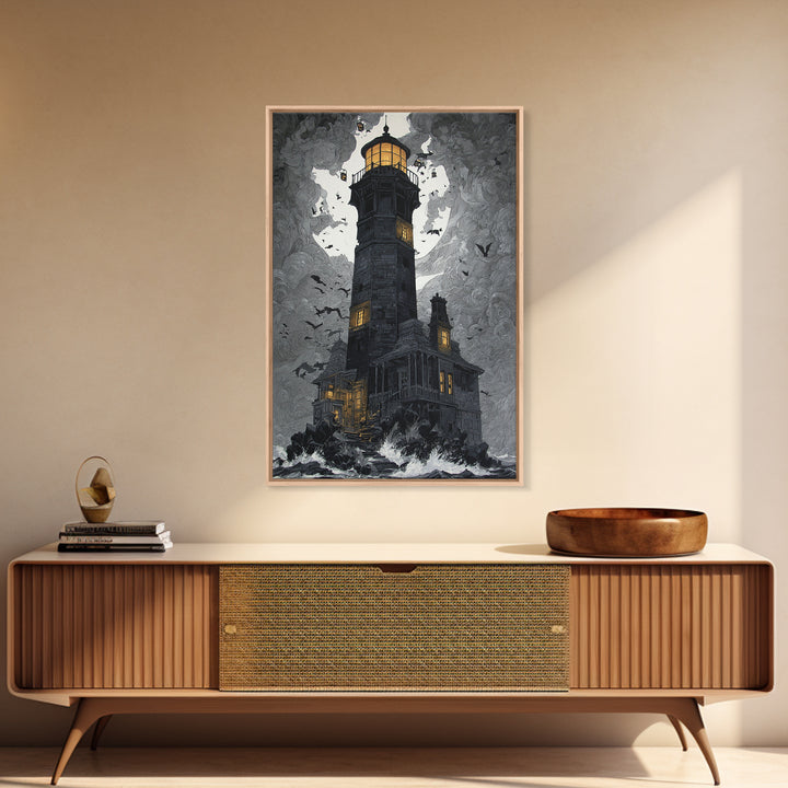 The Cursed Lighthouse, Vertical Wall Art, Macabre Wall Art, Framed Canvas Print, Halloween Wall Decor, Gothic Home Decor