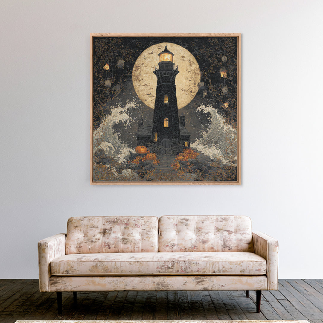 The Cursed Lighthouse, Square Wall Art, Haunted Gothic Art, Framed Canvas Print, Halloween Wall Decor, Gothic Home Decor, Dark Fantasy Art