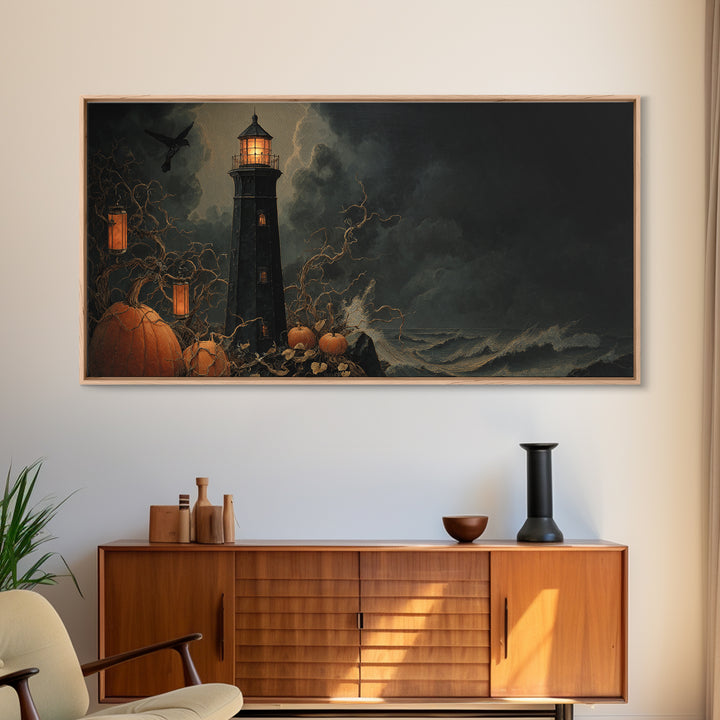 The Cursed Lighthouse, Wide Panoramic Art, Dark Halloween Decor, Canvas Print, Halloween Wall Decor, Gothic Home Decor