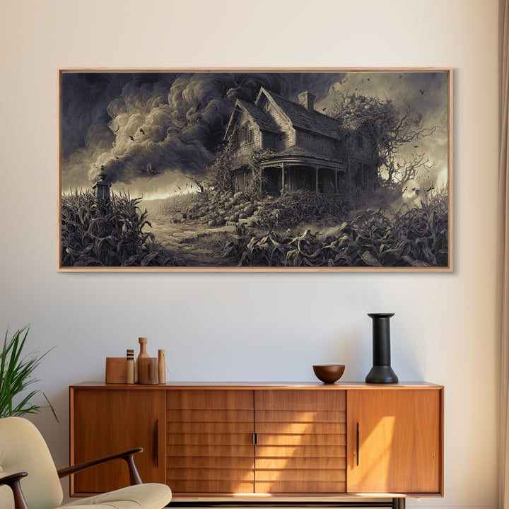 The Possessed Farmhouse, Wide Panoramic Art, Gothic Horror Wall Art, Framed Canvas Print, Halloween Wall Decor, Gothic Home Decor