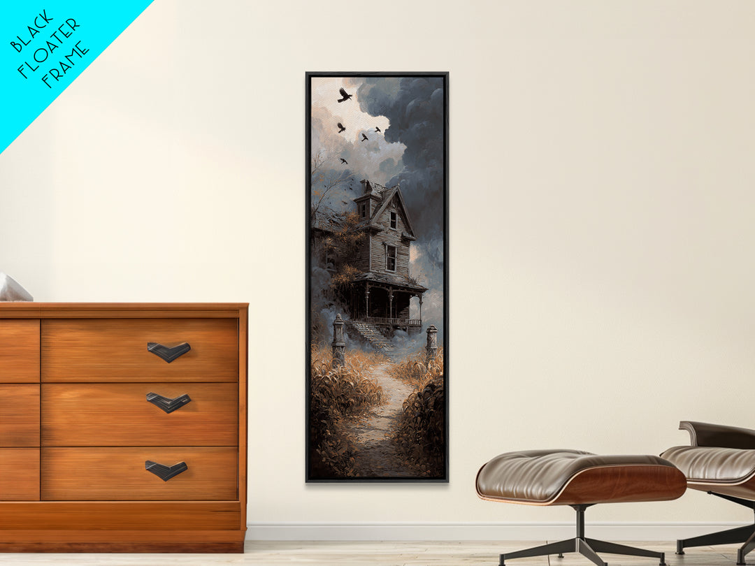 The Possessed Farmhouse, Tall Narrow Wall Art, Haunted Gothic Art, Framed Canvas Print, Halloween Wall Decor, Gothic Home Decor