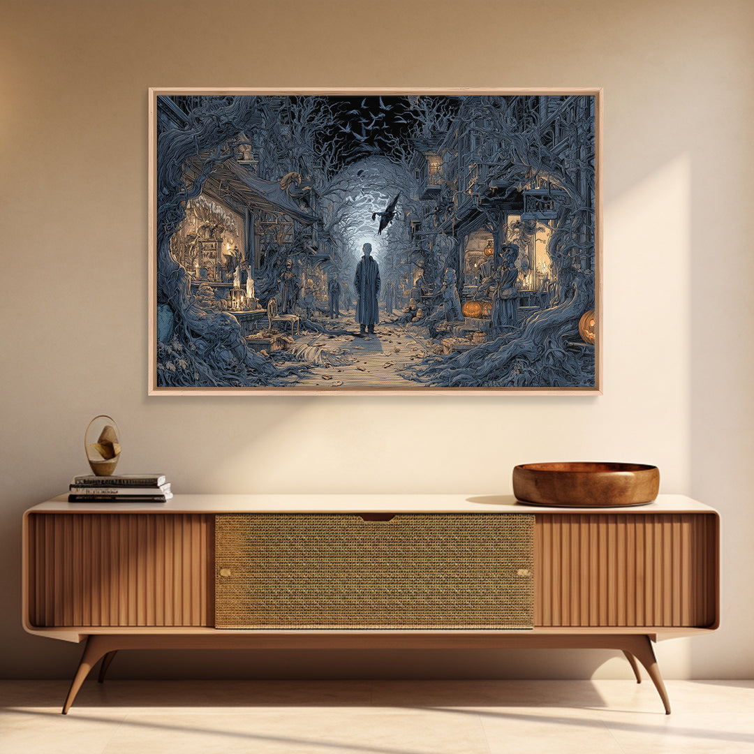 The Ghost Town Main Street, Landscape Wall Art, Macabre Wall Art, Framed Canvas Print, Halloween Wall Decor, Gothic Home Decor