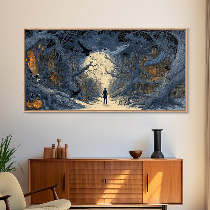 The Ghost Town Main Street, Wide Panoramic Art, Haunted Gothic Art, Framed Canvas Print, Halloween Wall Decor, Gothic Home Decor