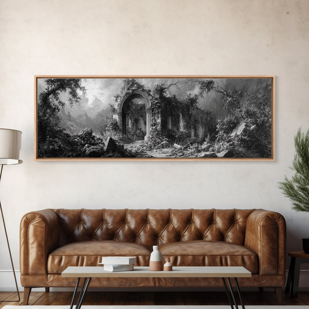 The Overgrown Chapel, Extra Wide Wall Art, Haunted Gothic Art, Framed Canvas Print, Halloween Wall Decor, Gothic Home Decor