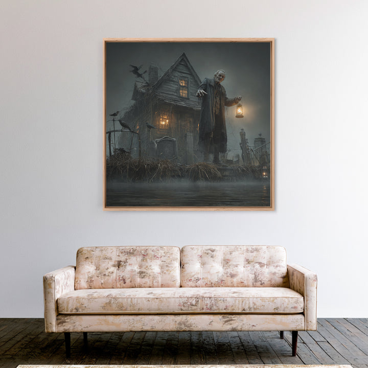 The Foggy Swamp Shack, Square Wall Art, Haunted Gothic Art, Framed Canvas Print, Halloween Wall Decor, Gothic Home Decor, Spooky Wall Decor