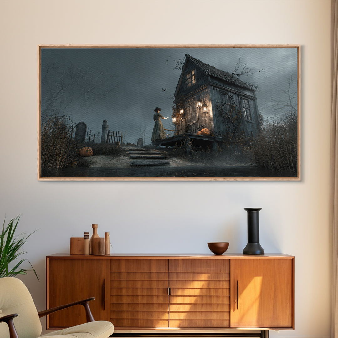 The Foggy Swamp Shack, Wide Panoramic Art, Gothic Horror Wall Art, Framed Canvas Print, Halloween Wall Decor, Gothic Home Decor