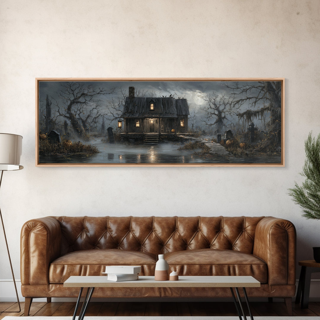 The Foggy Swamp Shack, Extra Wide Wall Art, Haunted Gothic Art, Framed Canvas Print, Halloween Wall Decor, Gothic Home Decor