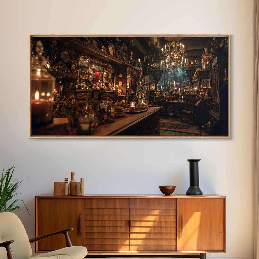 The Midnight Antique Shop, Wide Panoramic Art, Haunted Gothic Art, Framed Canvas Print, Halloween Wall Decor, Gothic Home Decor