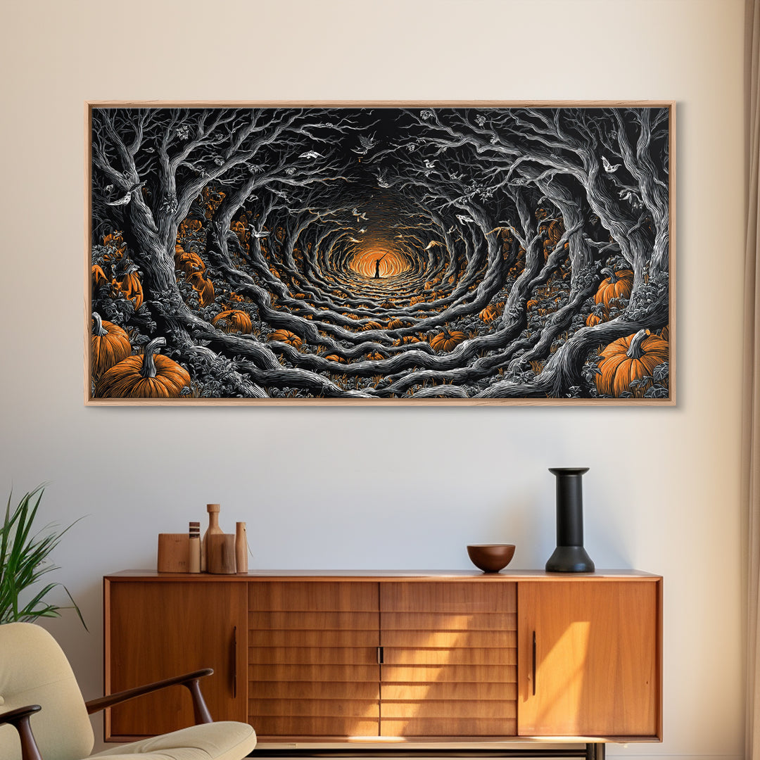 The Pumpkin Patch Maze, Wide Panoramic Art, Dark Halloween Decor, Canvas Print, Halloween Wall Decor, Gothic Home Decor, Macabre Wall Art