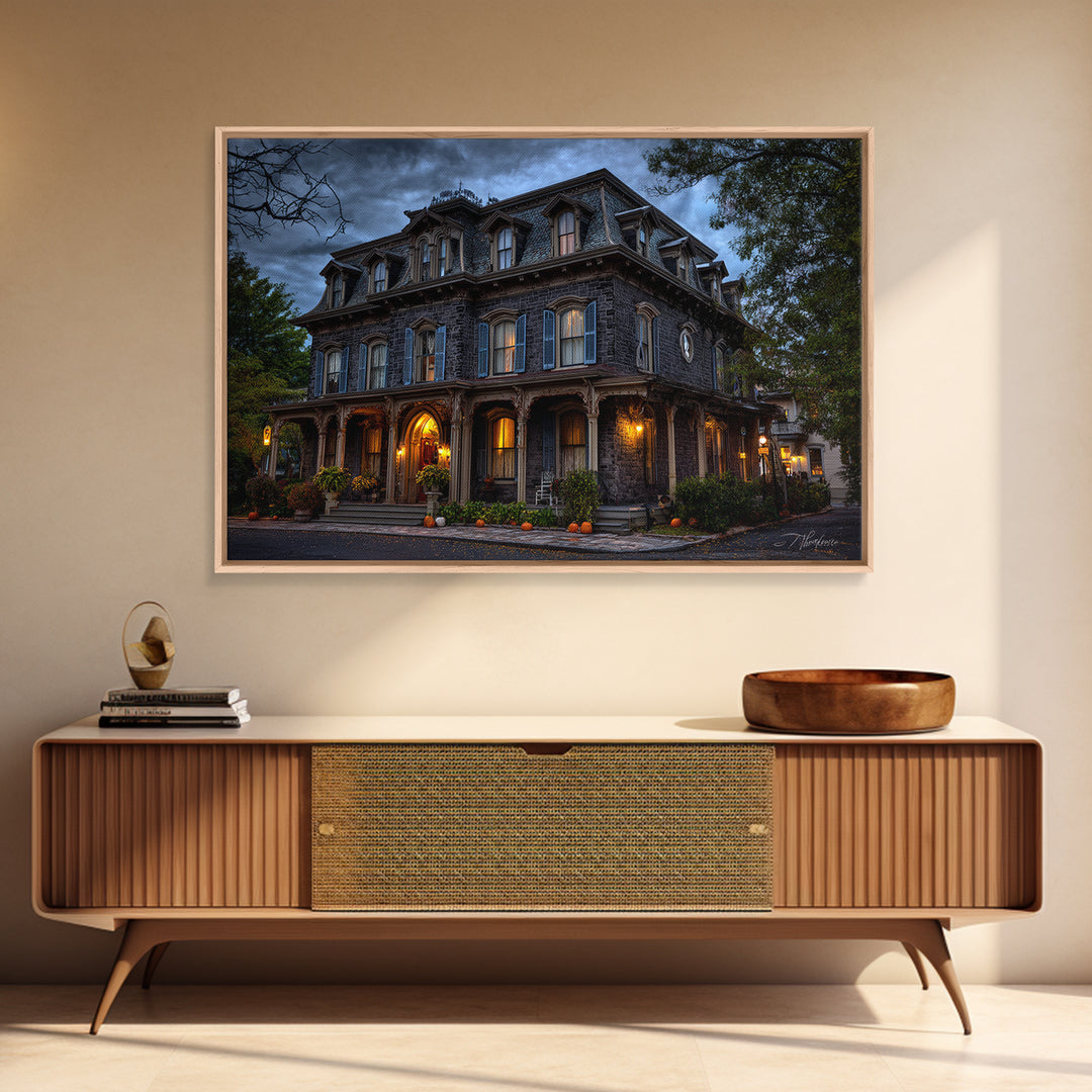 The Haunted Hotel, Landscape Wall Art, Haunted Gothic Art, Framed Canvas Print, Halloween Wall Decor, Gothic Home Decor