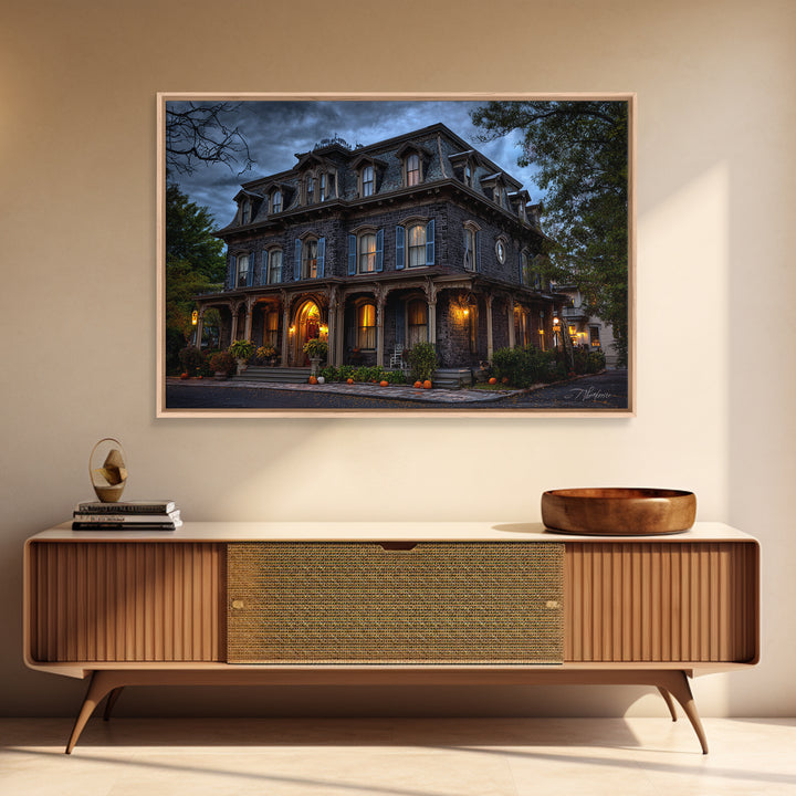 The Haunted Hotel, Landscape Wall Art, Haunted Gothic Art, Framed Canvas Print, Halloween Wall Decor, Gothic Home Decor