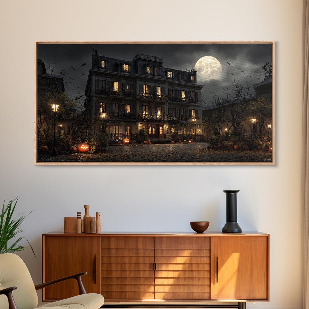The Haunted Hotel, Wide Panoramic Art, Macabre Wall Art, Framed Canvas Print, Halloween Wall Decor, Gothic Home Decor, Horror Wall Art