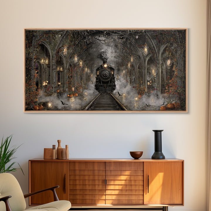 The Abandoned Train Station, Wide Panoramic Art, Macabre Wall Art, Framed Canvas Print, Halloween Wall Decor, Gothic Home Decor
