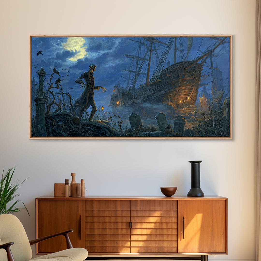 The Shipwreck Cove, Wide Panoramic Art, Gothic Horror Wall Art, Framed Canvas Print, Halloween Wall Decor, Gothic Home Decor