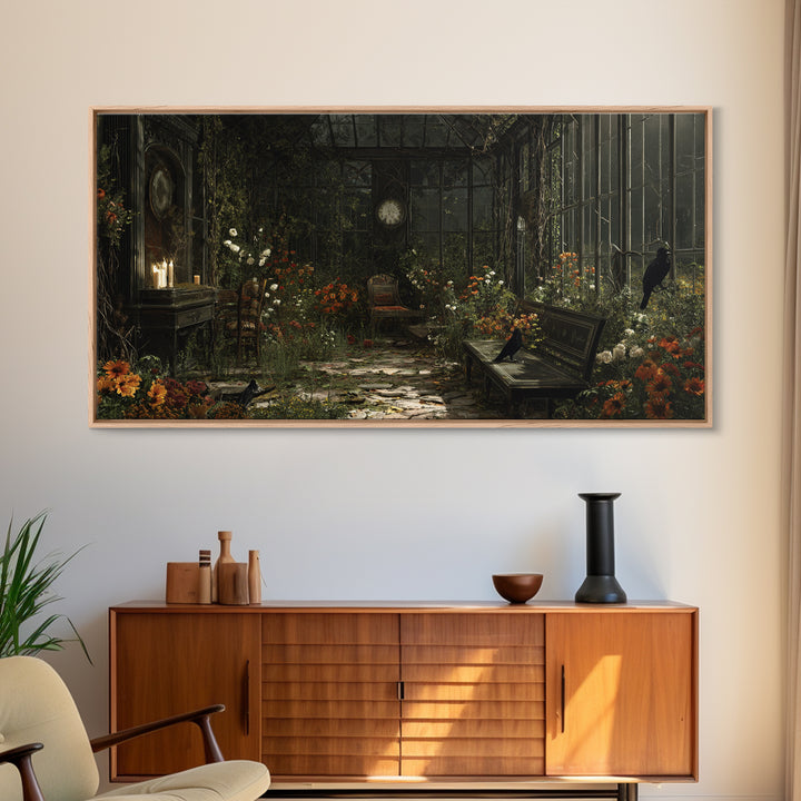 The Cemetery Greenhouse, Wide Panoramic Art, Spooky Home Decor, Canvas Print, Halloween Wall Decor, Gothic Home Decor, Horror Wall Art