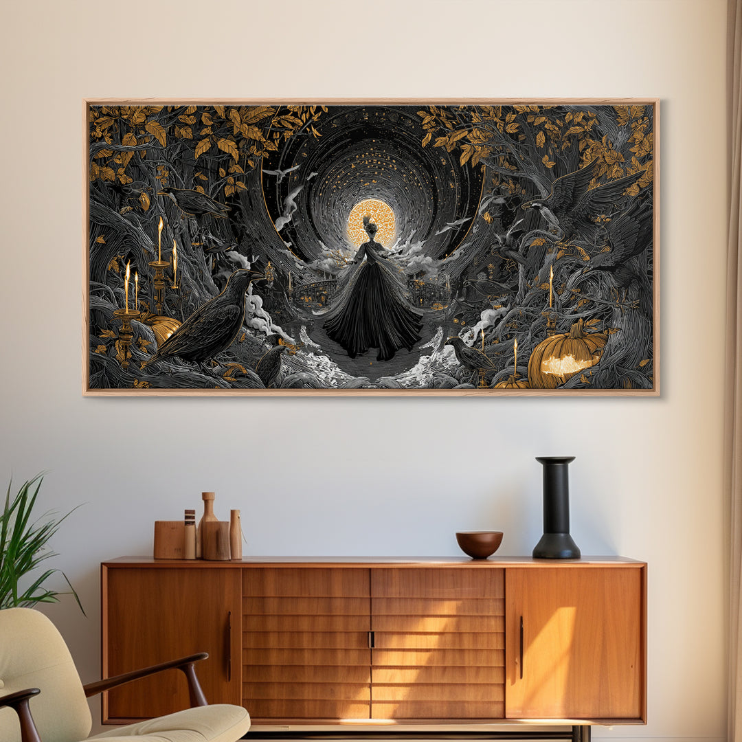 The Midnight Masquerade, Wide Panoramic Art, Haunted Gothic Art, Framed Canvas Print, Halloween Wall Decor, Gothic Home Decor