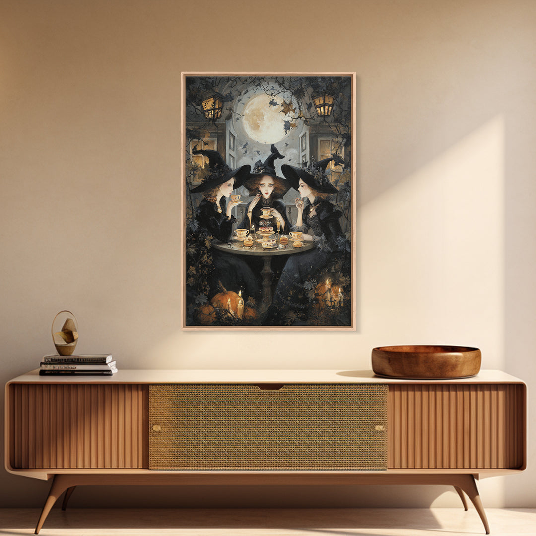 The Witches' Tea Party, Vertical Wall Art, Macabre Wall Art, Framed Canvas Print, Halloween Wall Decor, Gothic Home Decor, Halloween Decor