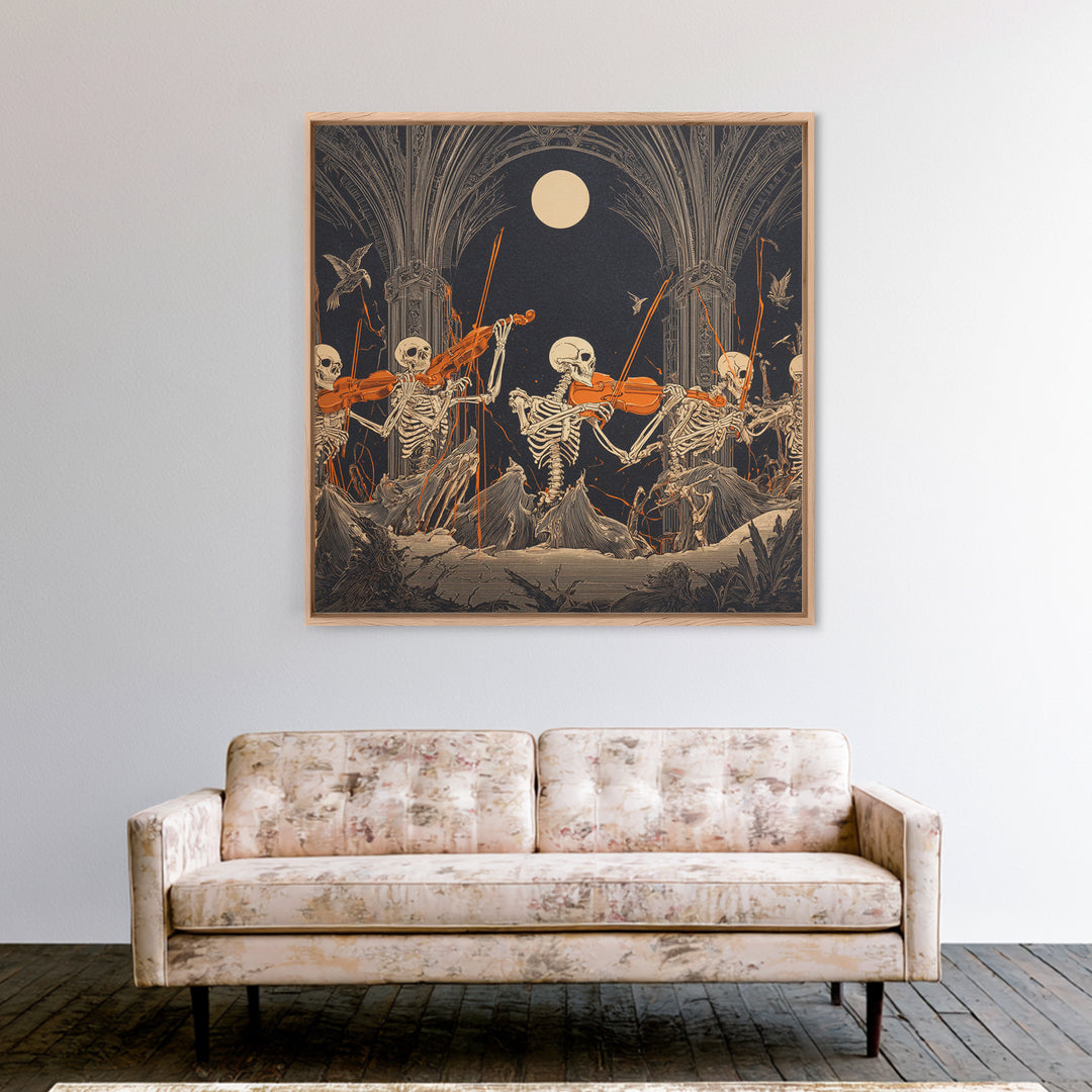 The Skeleton Orchestra, Square Wall Art, Gothic Horror Wall Art, Framed Canvas Print, Halloween Wall Decor, Gothic Home Decor