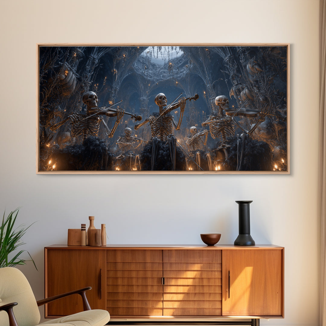 The Skeleton Orchestra, Wide Panoramic Art, Macabre Wall Art, Framed Canvas Print, Halloween Wall Decor, Gothic Home Decor