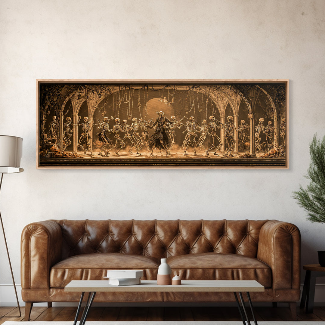 The Skeleton Orchestra, Extra Wide Wall Art, Macabre Wall Art, Framed Canvas Print, Halloween Wall Decor, Gothic Home Decor