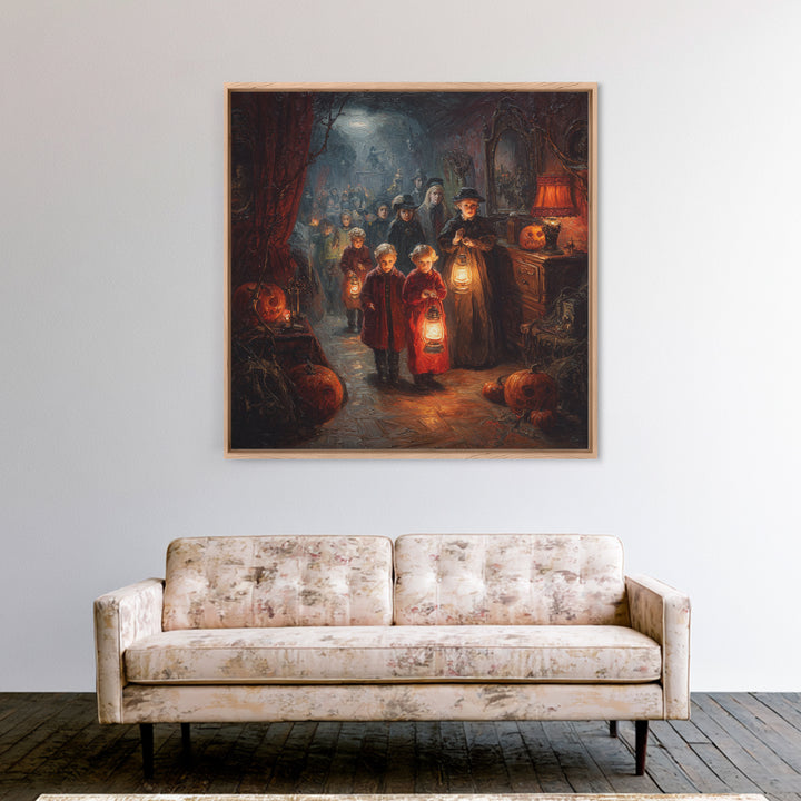 The Trick-Or-Treat Procession, Square Wall Art, Haunted Gothic Art, Framed Canvas Print, Halloween Wall Decor, Gothic Home Decor