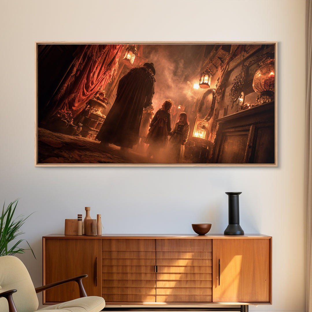 The Trick-Or-Treat Procession, Wide Panoramic Art, Gothic Horror Wall Art, Framed Canvas Print, Halloween Wall Decor, Gothic Home Decor
