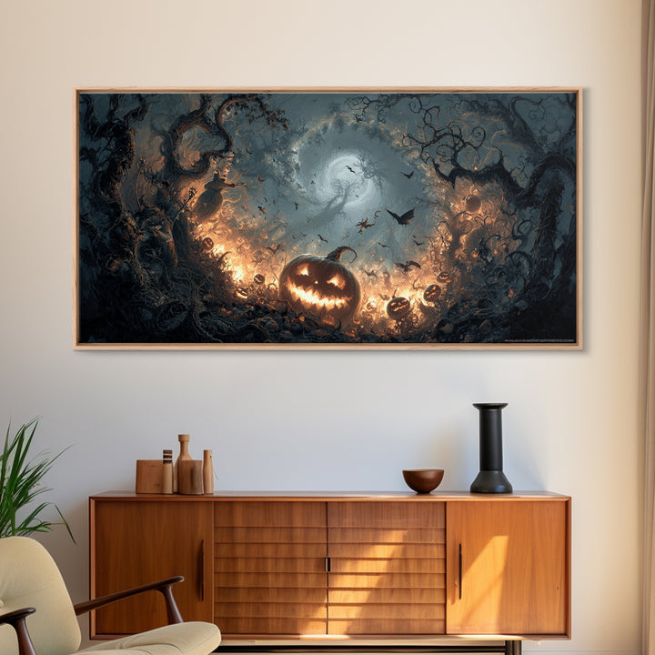 The Pumpkin-Carving Ritual, Wide Panoramic Art, Dark Fantasy Wall Art, Canvas Print, Halloween Wall Decor, Gothic Home Decor