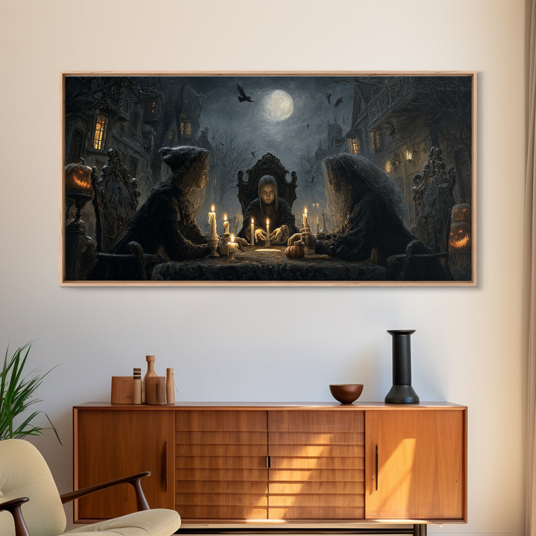 The Candlelit Seance, Wide Panoramic Art, Haunted Gothic Art, Framed Canvas Print, Halloween Wall Decor, Gothic Home Decor