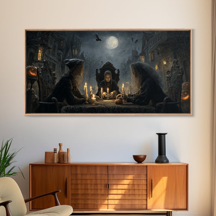 The Candlelit Seance, Wide Panoramic Art, Haunted Gothic Art, Framed Canvas Print, Halloween Wall Decor, Gothic Home Decor