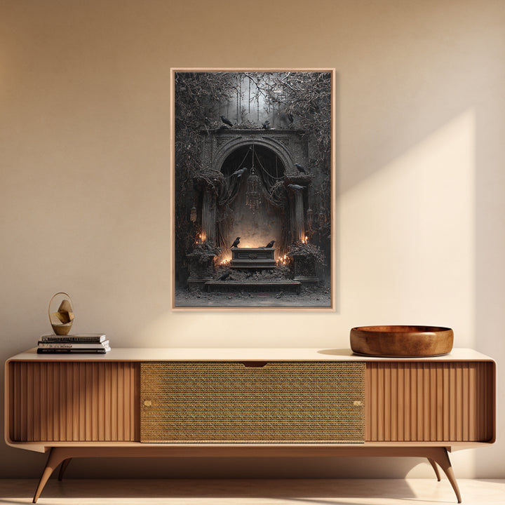 The Raven Funeral, Vertical Wall Art, Gothic Horror Wall Art, Framed Canvas Print, Halloween Wall Decor, Gothic Home Decor, Dark Fantasy Art