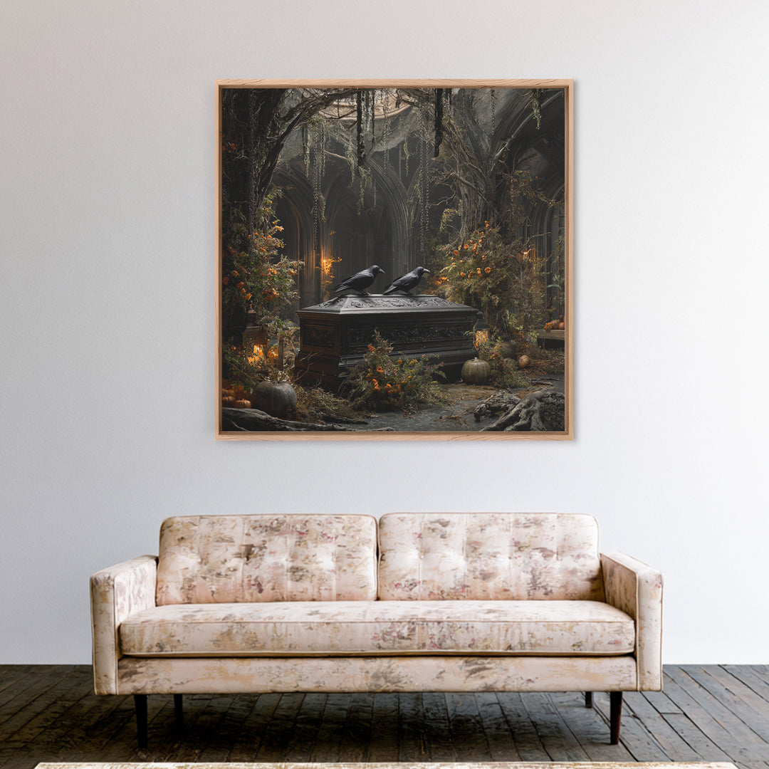 The Raven Funeral, Square Wall Art, Haunted Gothic Art, Framed Canvas Print, Halloween Wall Decor, Gothic Home Decor, Macabre Wall Art