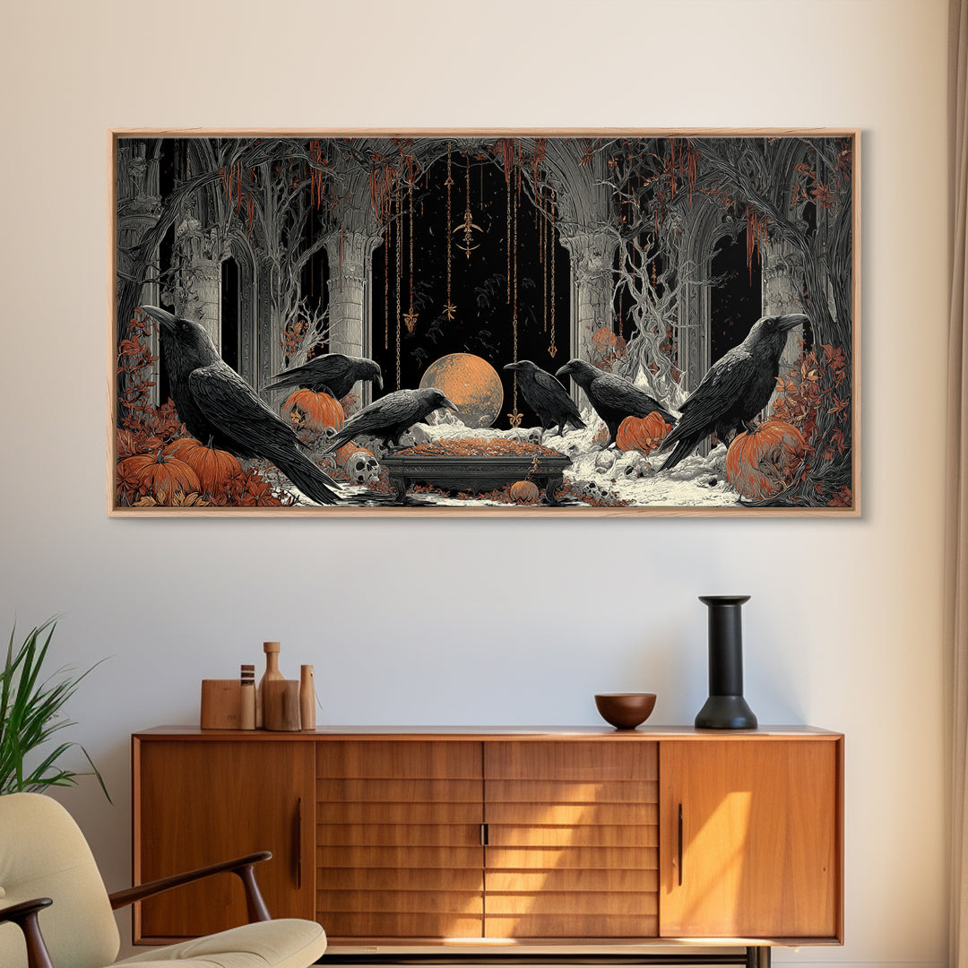 The Raven Funeral, Wide Panoramic Art, Gothic Horror Wall Art, Framed Canvas Print, Halloween Wall Decor, Gothic Home Decor, Halloween Decor