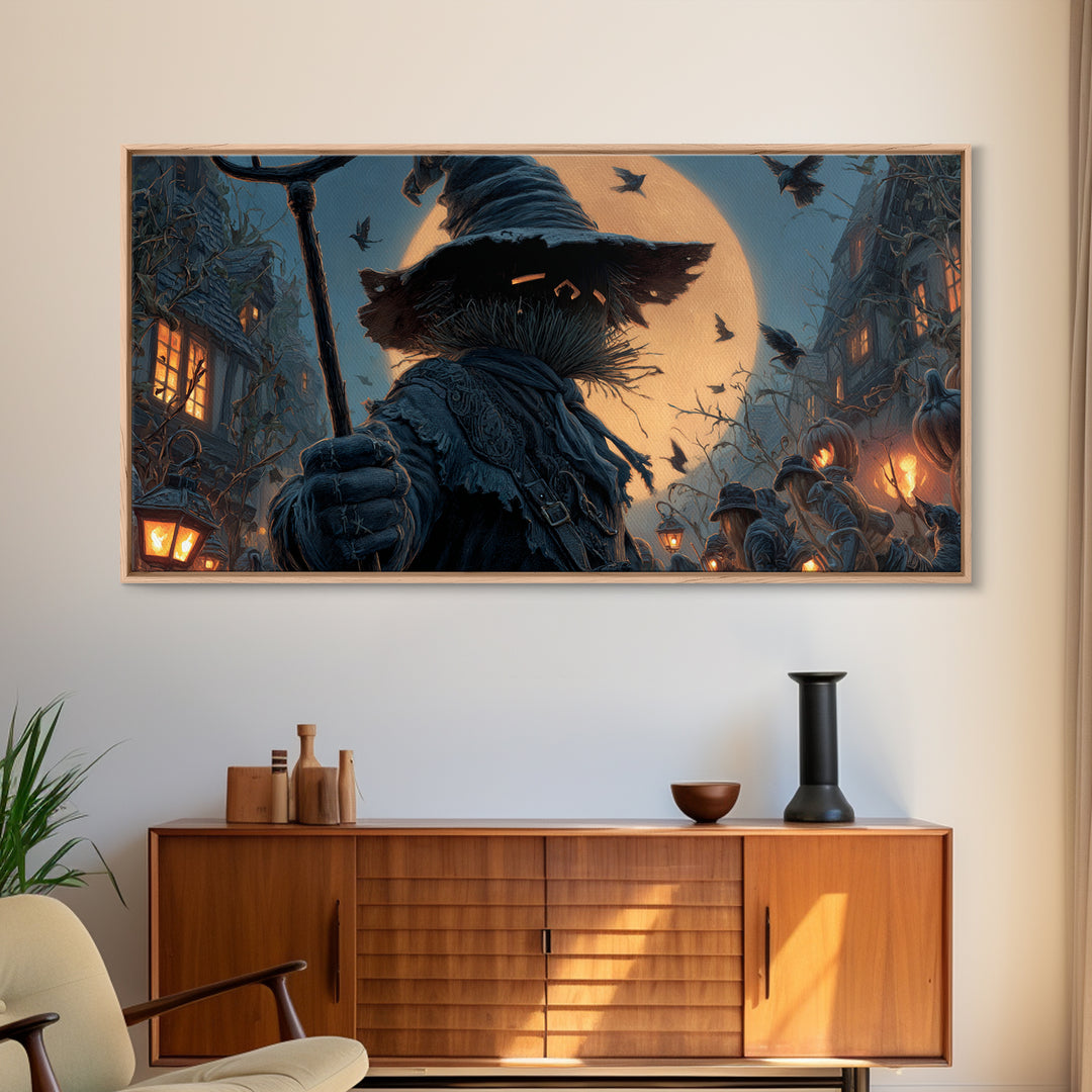 The Scarecrow Uprising, Wide Panoramic Art, Haunted Gothic Art, Framed Canvas Print, Halloween Wall Decor, Gothic Home Decor