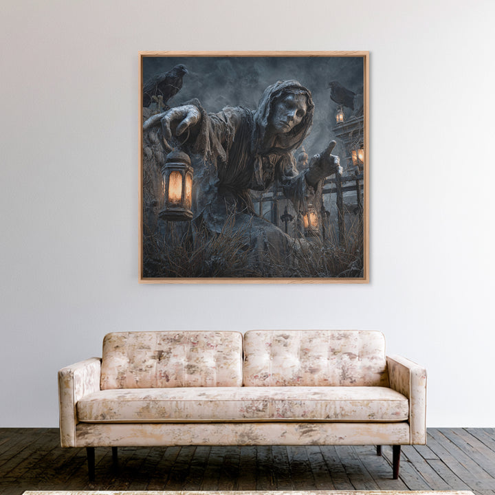 The Cemetery Lantern Festival, Square Wall Art, Haunted Gothic Art, Framed Canvas Print, Halloween Wall Decor, Gothic Home Decor