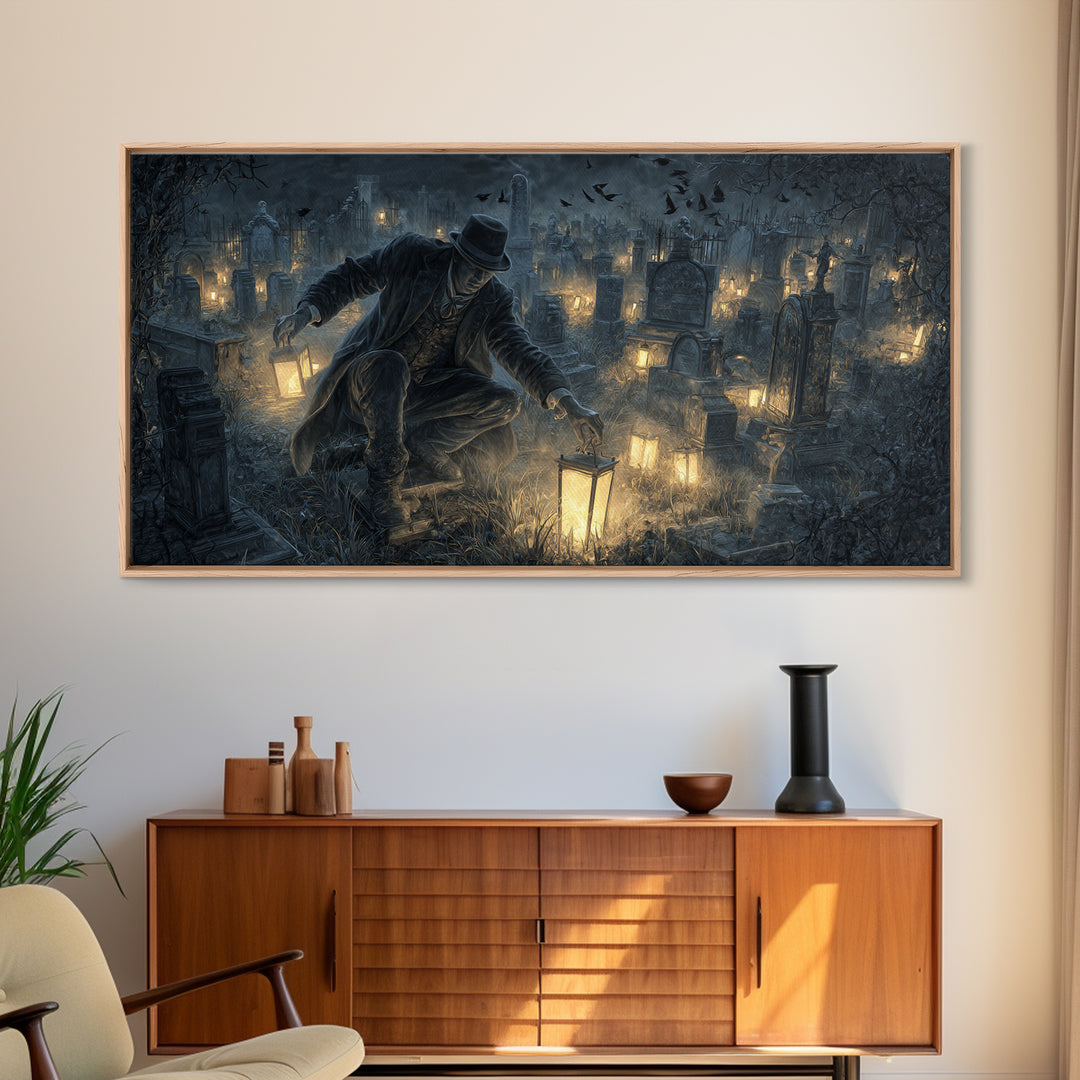 The Cemetery Lantern Festival, Wide Panoramic Art, Dark Fantasy Wall Art, Canvas Print, Halloween Wall Decor, Gothic Home Decor