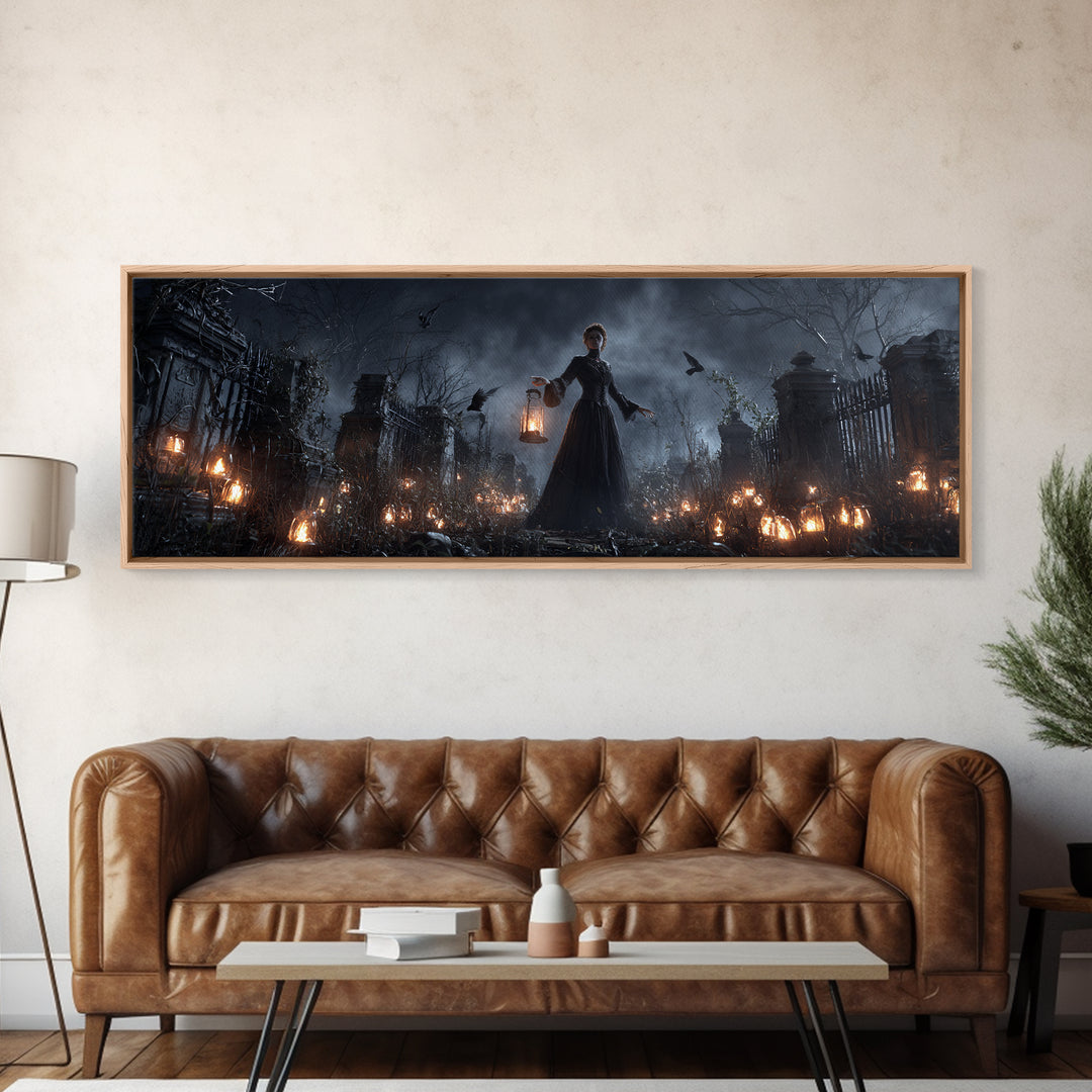 The Cemetery Lantern Festival, Extra Wide Wall Art, Macabre Wall Art, Framed Canvas Print, Halloween Wall Decor, Gothic Home Decor