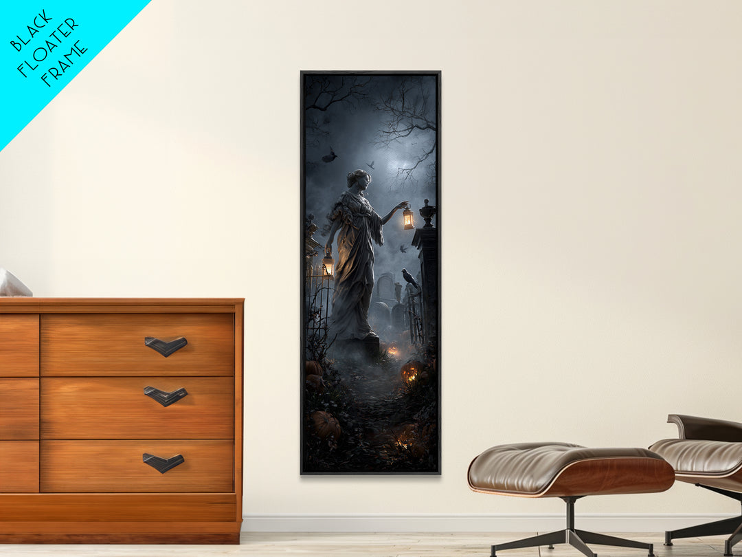 The Cemetery Lantern Festival, Tall Narrow Wall Art, Macabre Wall Art, Framed Canvas Print, Halloween Wall Decor, Gothic Home Decor