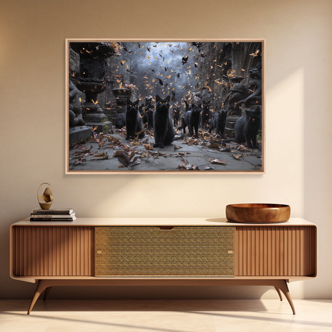 The Black Cat Gathering, Landscape Wall Art, Haunted Gothic Art, Framed Canvas Print, Halloween Wall Decor, Gothic Home Decor