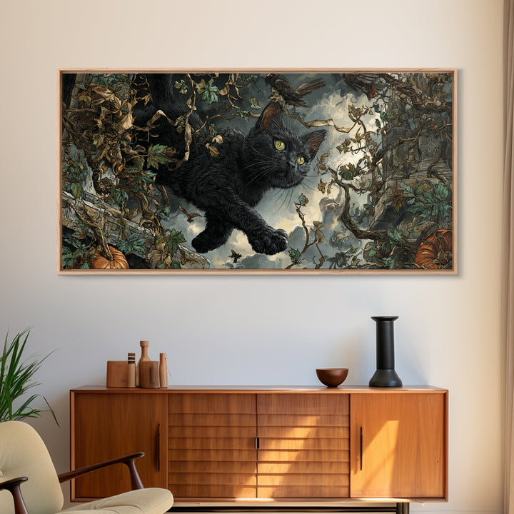 The Black Cat Gathering, Wide Panoramic Art, Gothic Horror Wall Art, Framed Canvas Print, Halloween Wall Decor, Gothic Home Decor