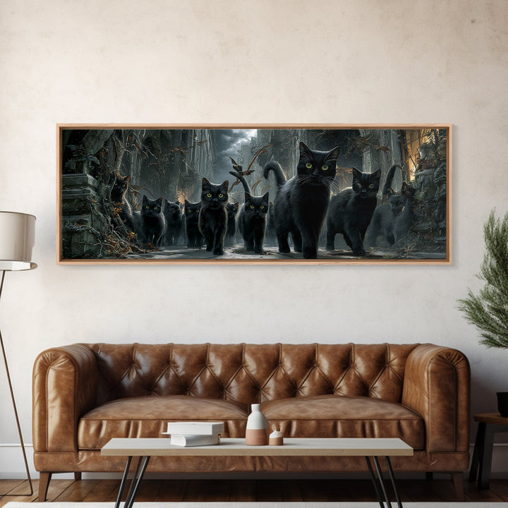 The Black Cat Gathering, Extra Wide Wall Art, Gothic Horror Wall Art, Framed Canvas Print, Halloween Wall Decor, Gothic Home Decor