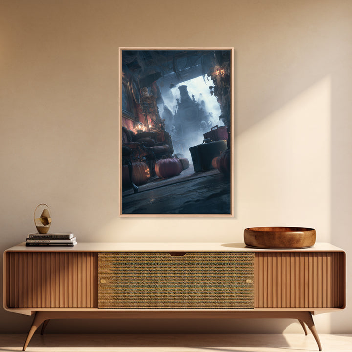 The Ghost Train Arrival, Vertical Wall Art, Haunted Gothic Art, Framed Canvas Print, Halloween Wall Decor, Gothic Home Decor