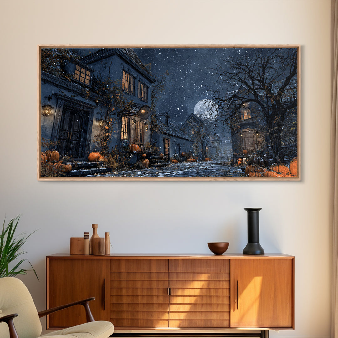 The First Frost Awakening, Wide Panoramic Art, Haunted Gothic Art, Framed Canvas Print, Halloween Wall Decor, Gothic Home Decor